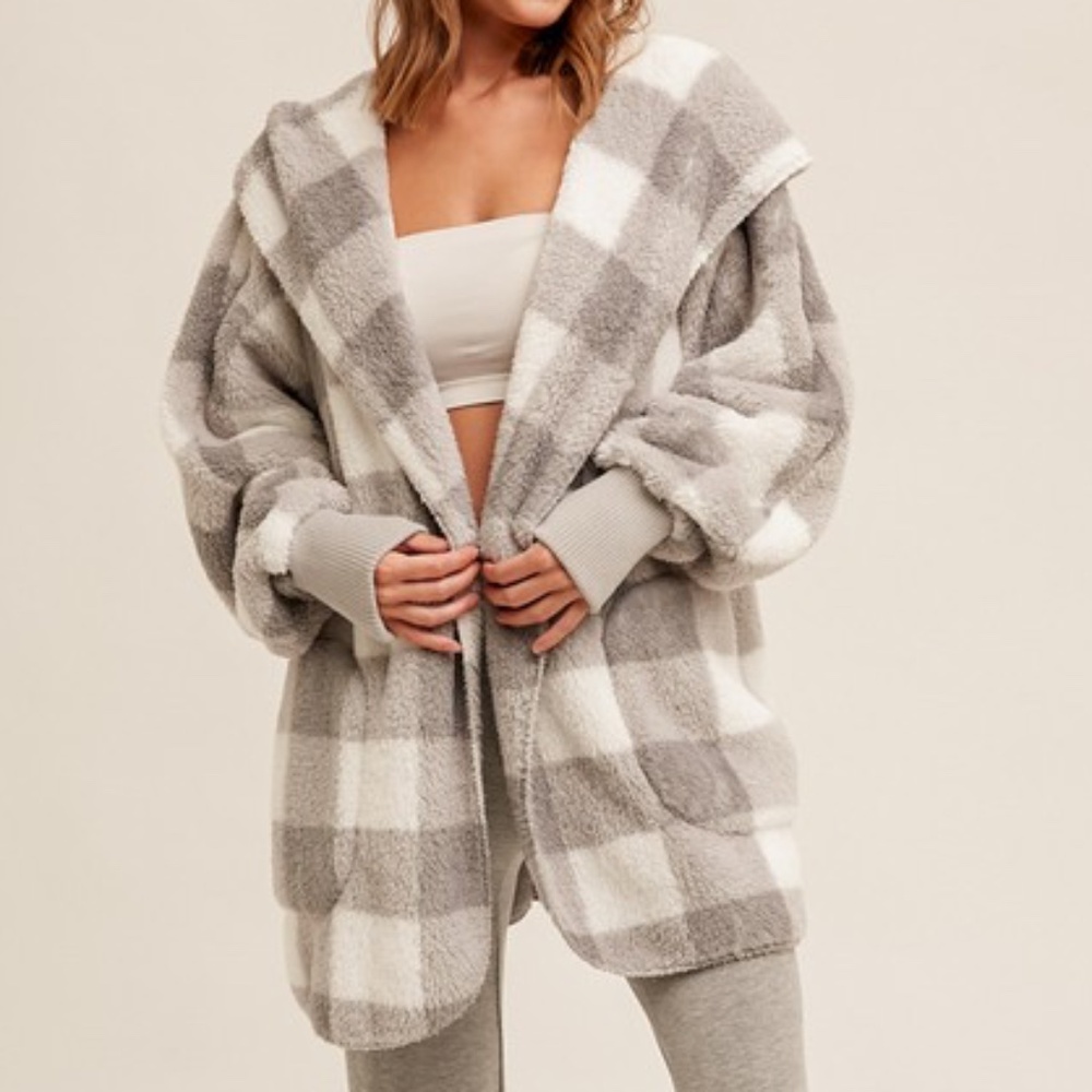 Gray & White Check Checkered Print Soft Sherpa Hoodie Cardigan